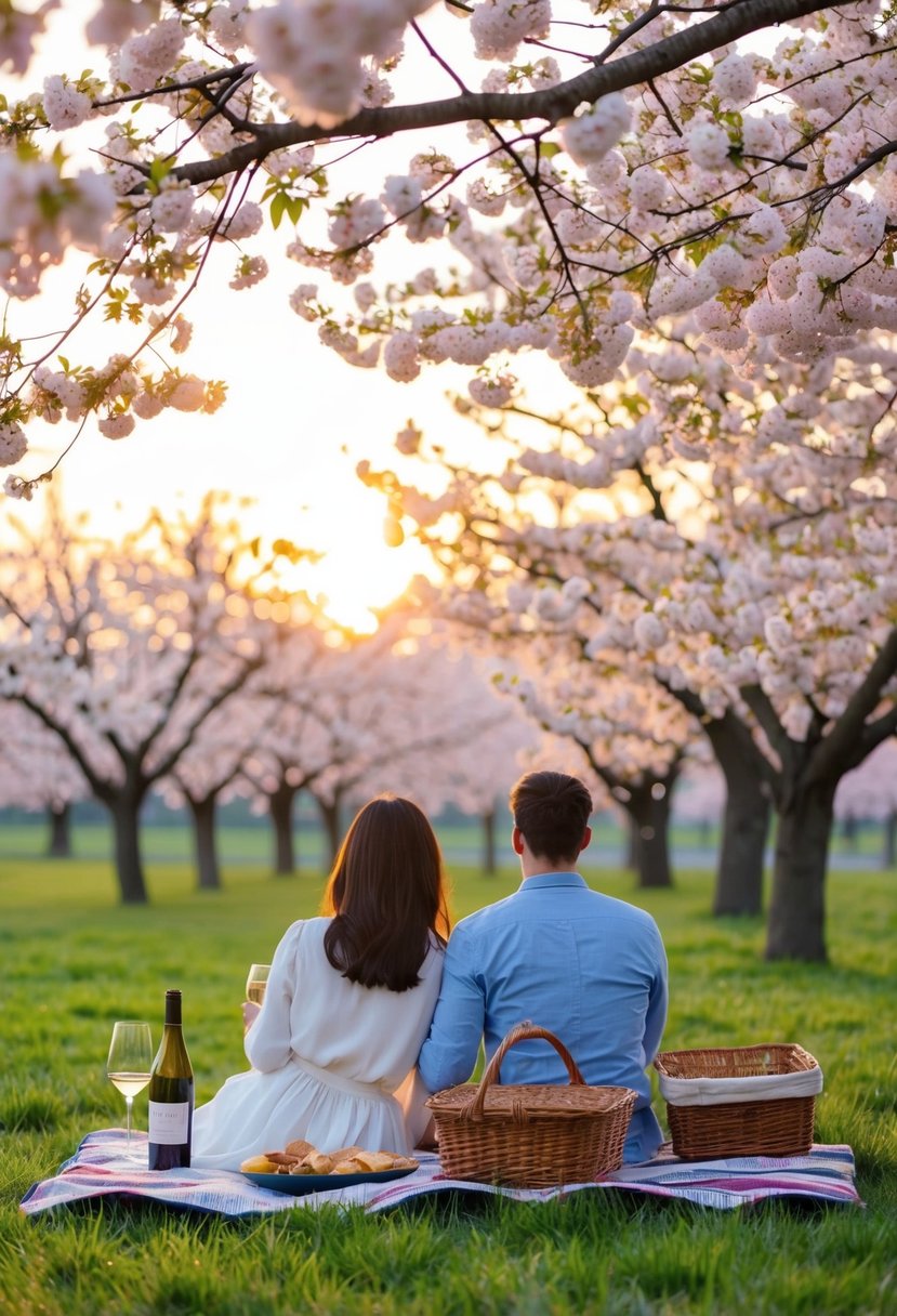 A picnic under cherry blossom trees with a blanket, basket of food, and a bottle of wine. A couple watches the sunset over a blooming field