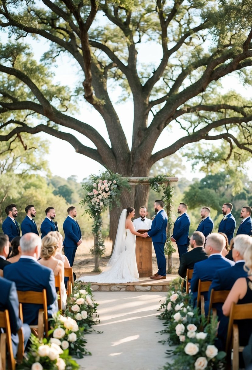 A ceremony under a majestic oak tree, with a rustic altar and floral arrangements, surrounded by nature