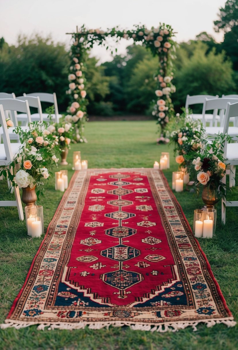 A vintage rug laid out on the grass, surrounded by blooming flowers and flickering candles, serving as the altar for an outdoor wedding ceremony