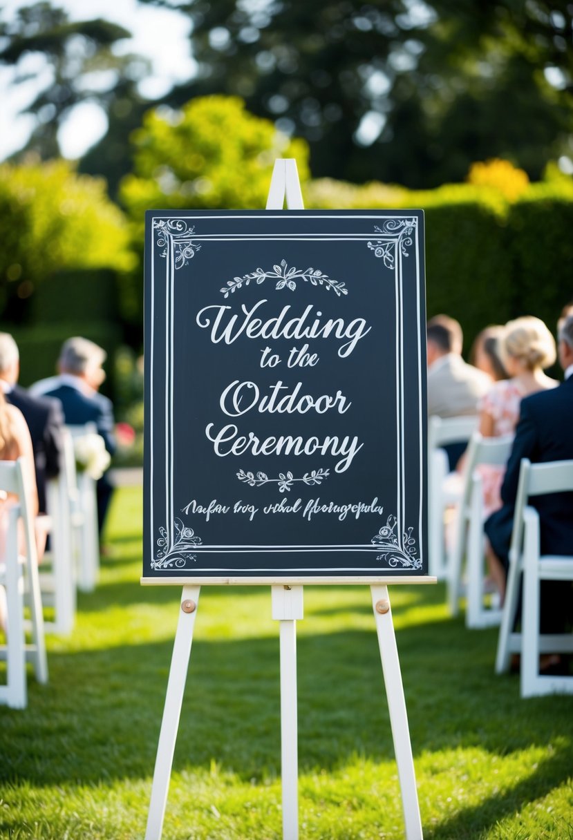 An elegant chalkboard sign stands amidst a garden, directing guests to an outdoor wedding ceremony