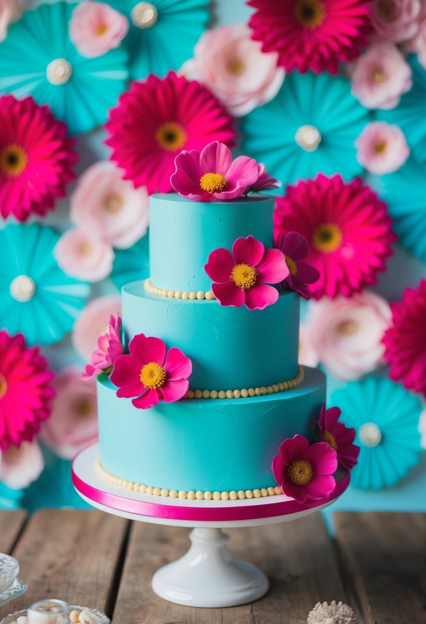 An aqua cake adorned with hot pink floral designs, set against a backdrop of pretty hot pink and aqua wedding color ideas