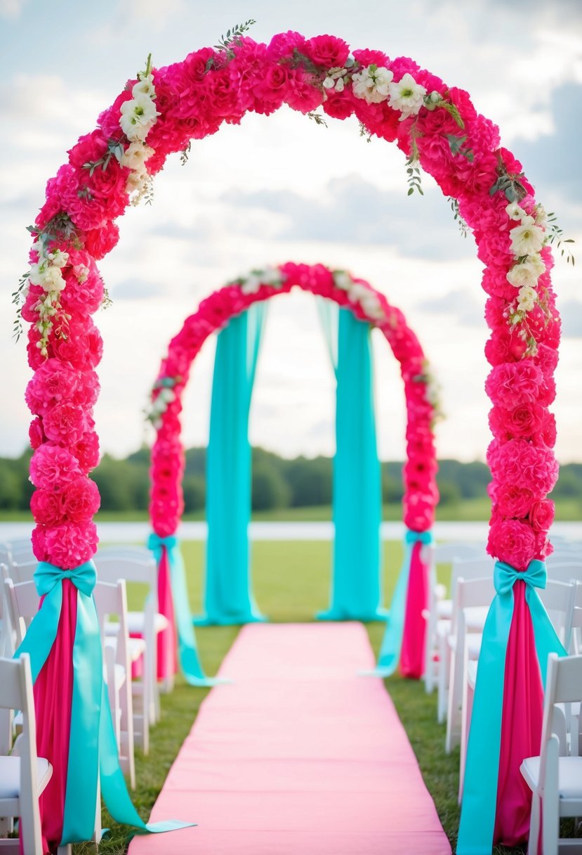 A hot pink and aqua ceremony archway adorned with flowers and ribbons