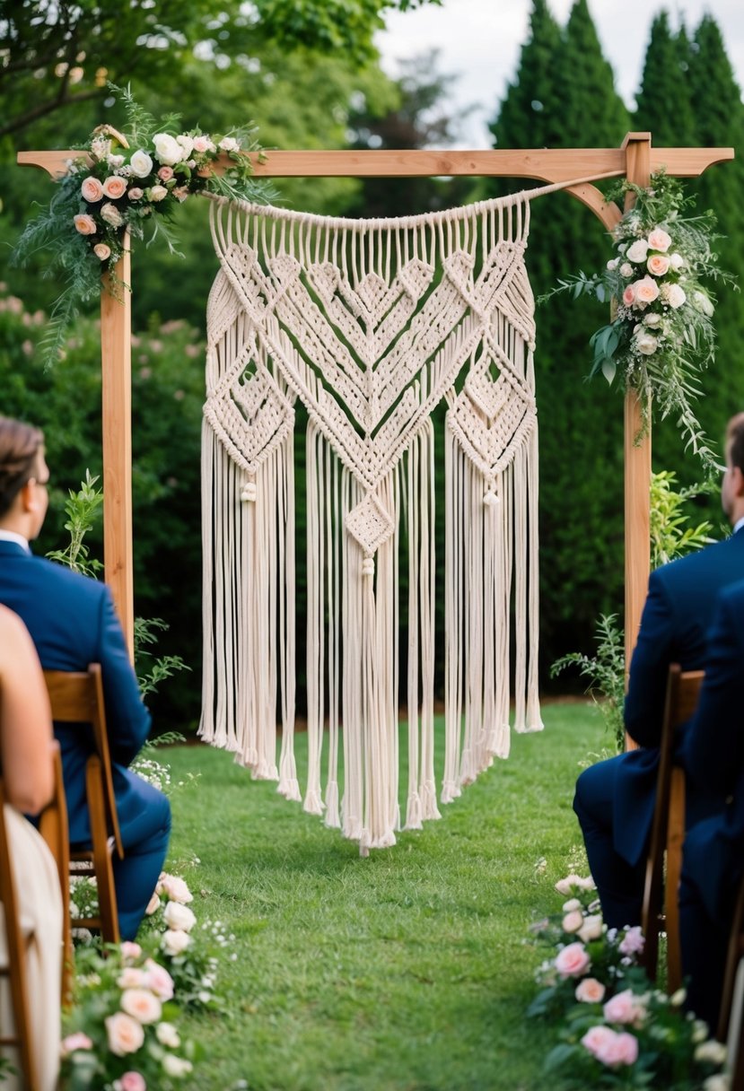 A macrame ceremony backdrop hangs from a wooden arch in an outdoor wedding setting, surrounded by lush greenery and blooming flowers