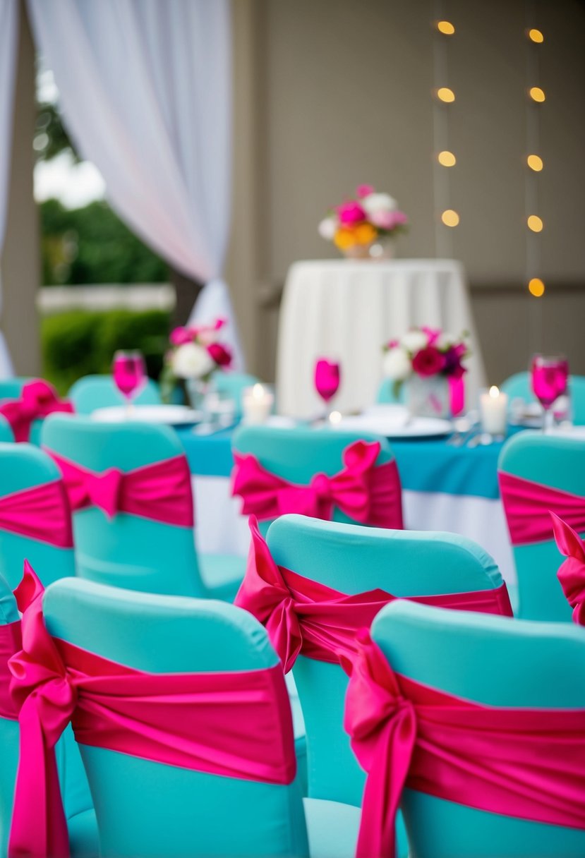 Aqua chairs with hot pink sashes arranged in a wedding reception setting