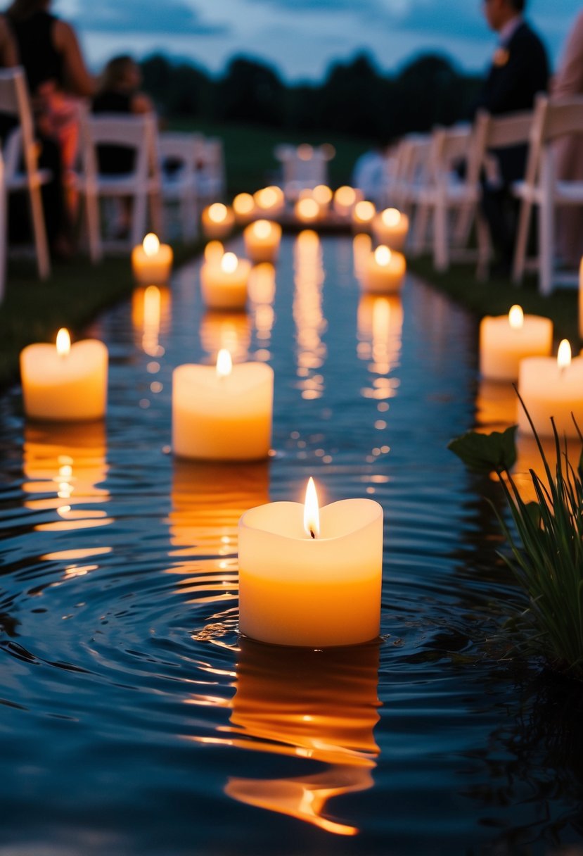 Floating candles illuminate a serene pond at an outdoor wedding ceremony