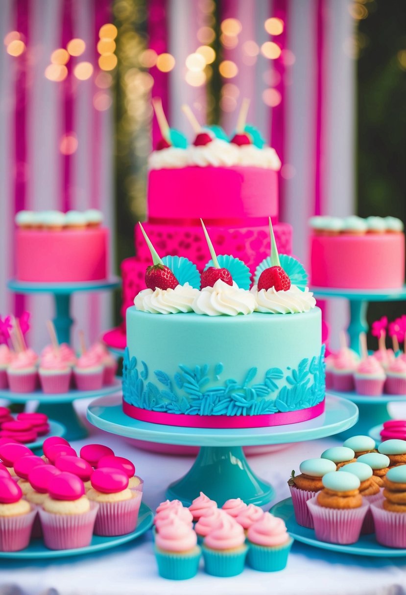 A dessert table adorned with hot pink and aqua treats, creating a vibrant and colorful display for a wedding celebration