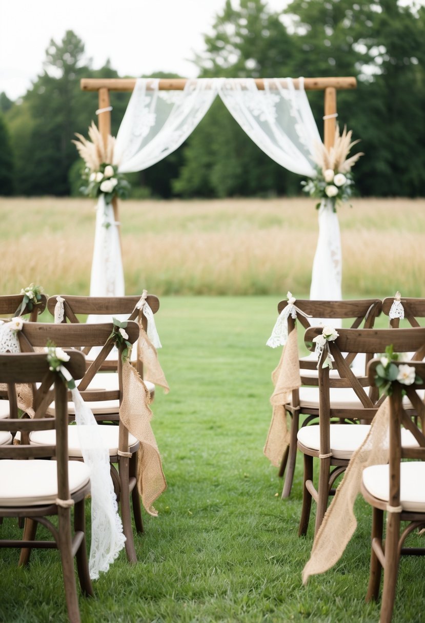 A rustic outdoor wedding with burlap and lace decorations adorning the ceremony space. Rustic wooden chairs are arranged in front of a simple archway adorned with the same materials