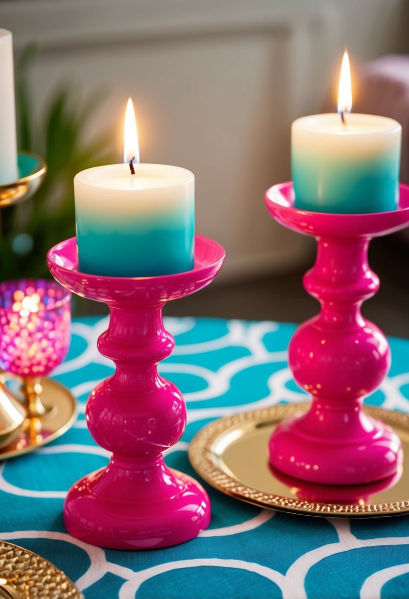 Two elegant candle holders in aqua and hot pink, arranged on a table with matching decor