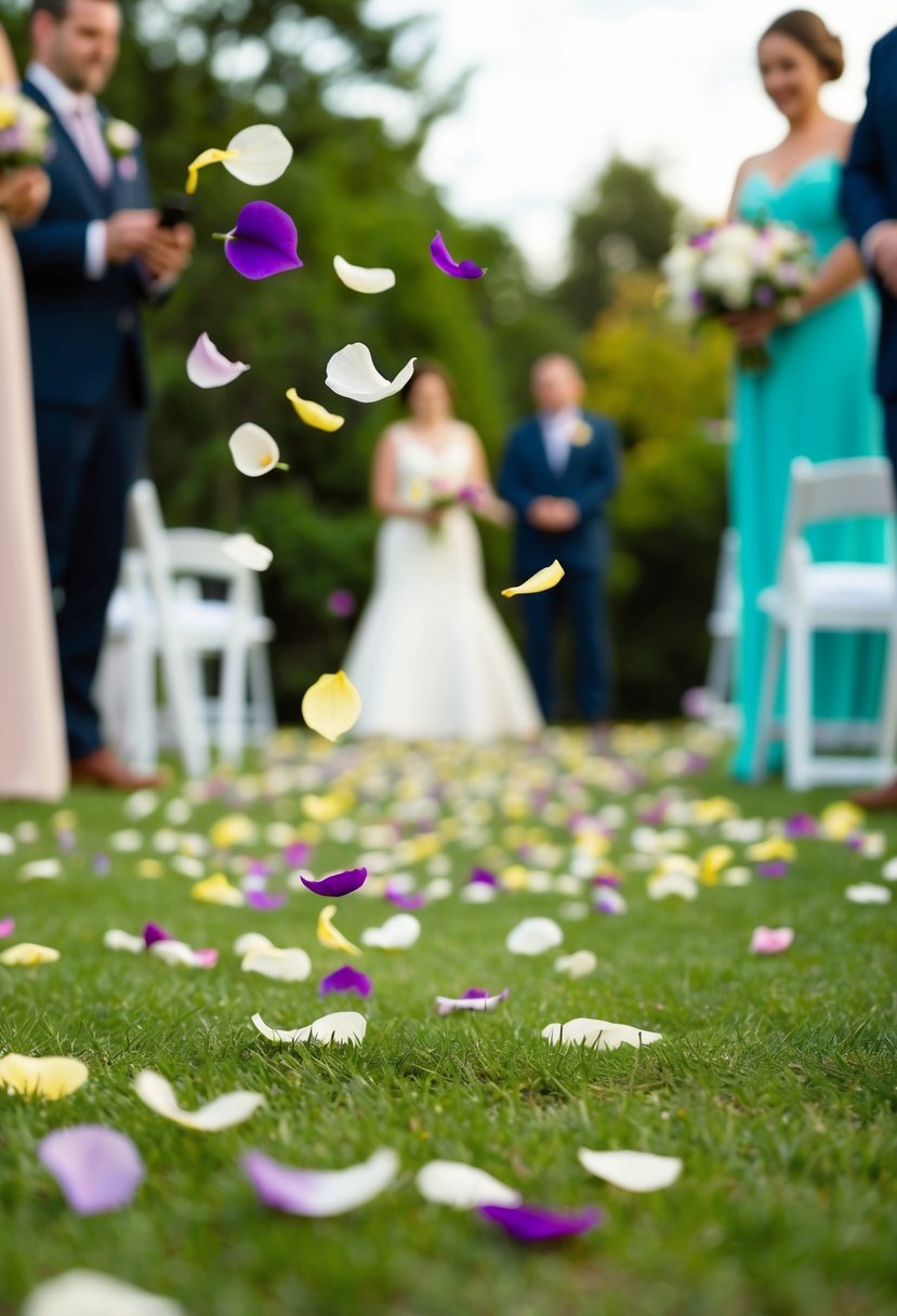 Colorful petals scattered on the ground, with a gentle breeze lifting them into the air at an outdoor wedding ceremony