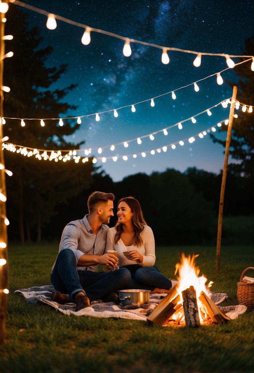 A couple picnicking under a starry sky, surrounded by twinkling fairy lights and a cozy bonfire