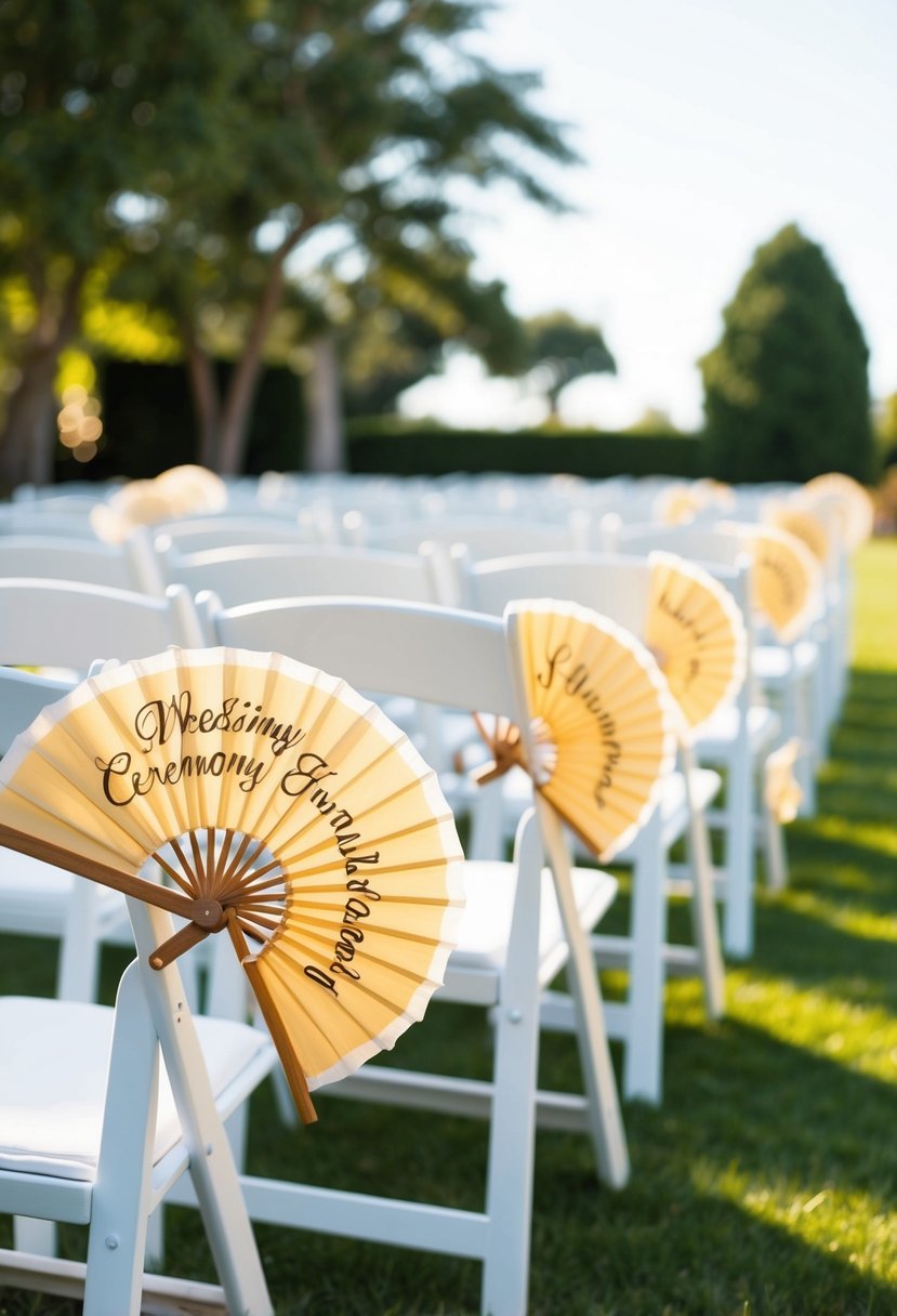 A sunny outdoor wedding ceremony with personalized ceremony fans scattered on white chairs