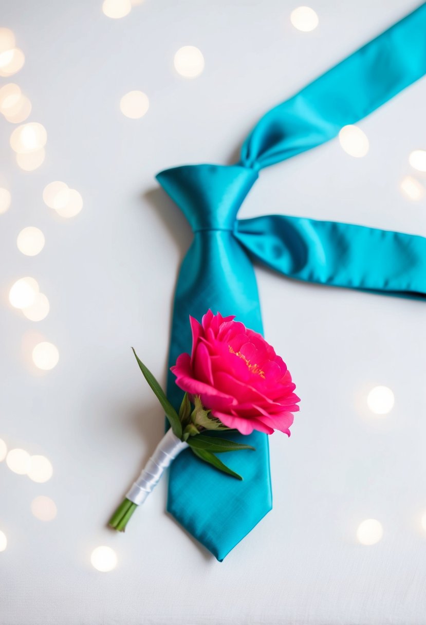 Aqua tie and hot pink boutonniere arranged on a white background