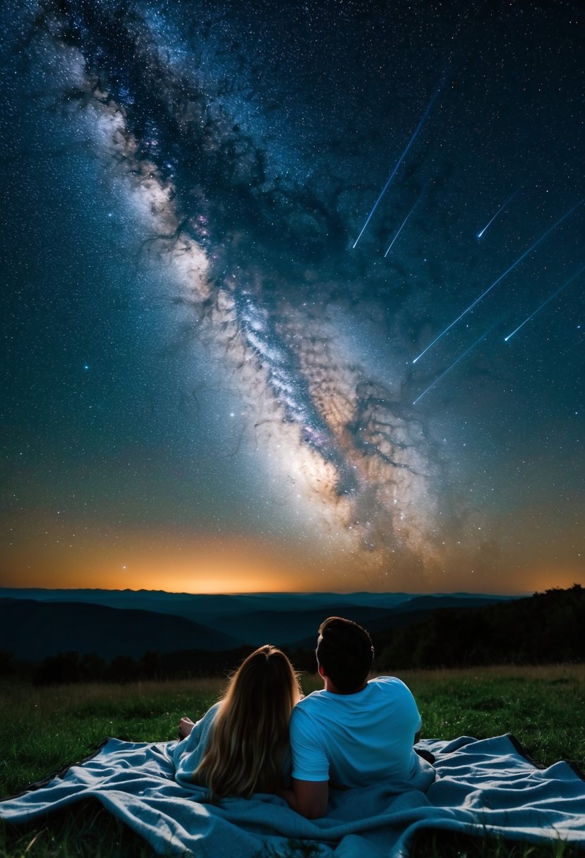 A couple lies on a blanket, gazing up at the starry night sky. The Milky Way stretches across the darkness, with shooting stars streaking through the atmosphere