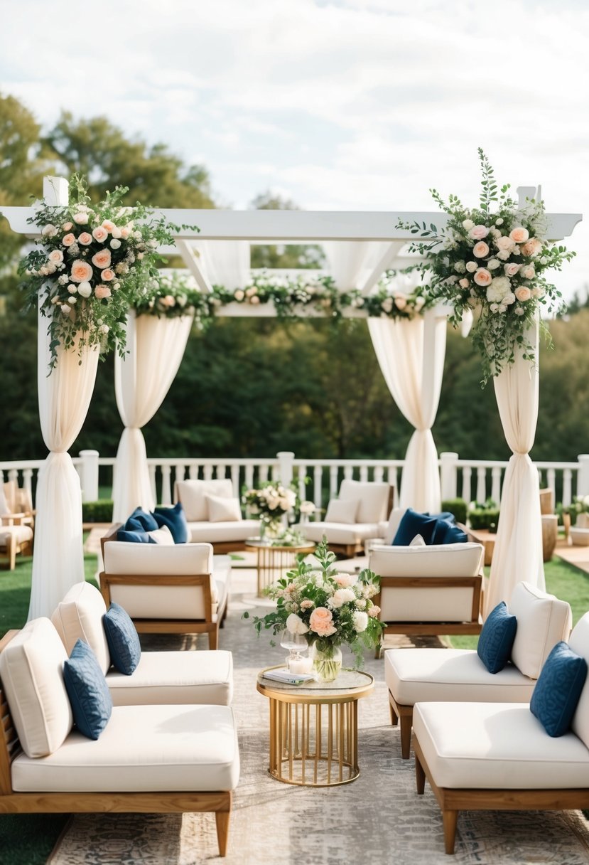 A stylish outdoor lounge seating area for a wedding ceremony with elegant decor and floral arrangements