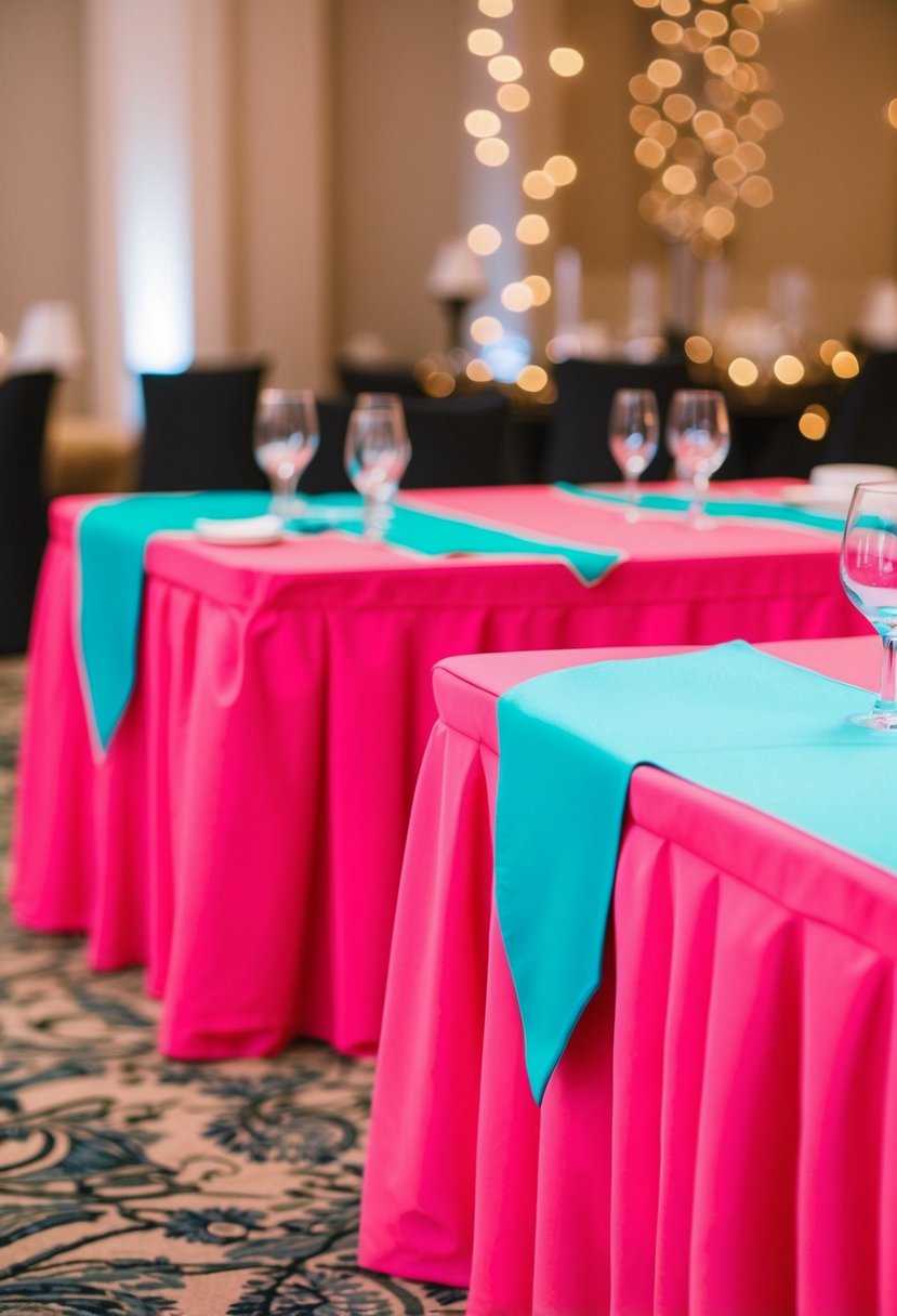 Hot pink tablecloths with aqua overlays on a wedding reception table