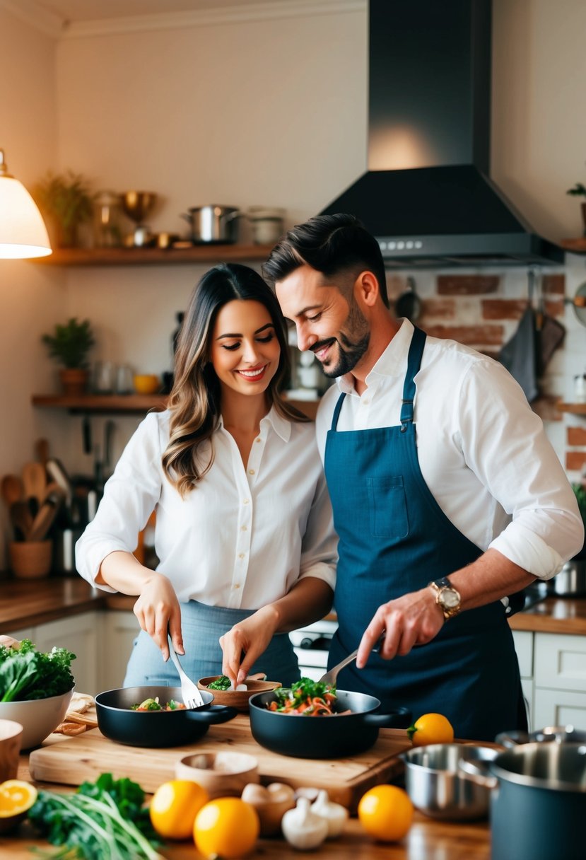 A couple prepares a gourmet meal together in a cozy kitchen, surrounded by fresh ingredients, pots and pans, and a warm, inviting ambiance