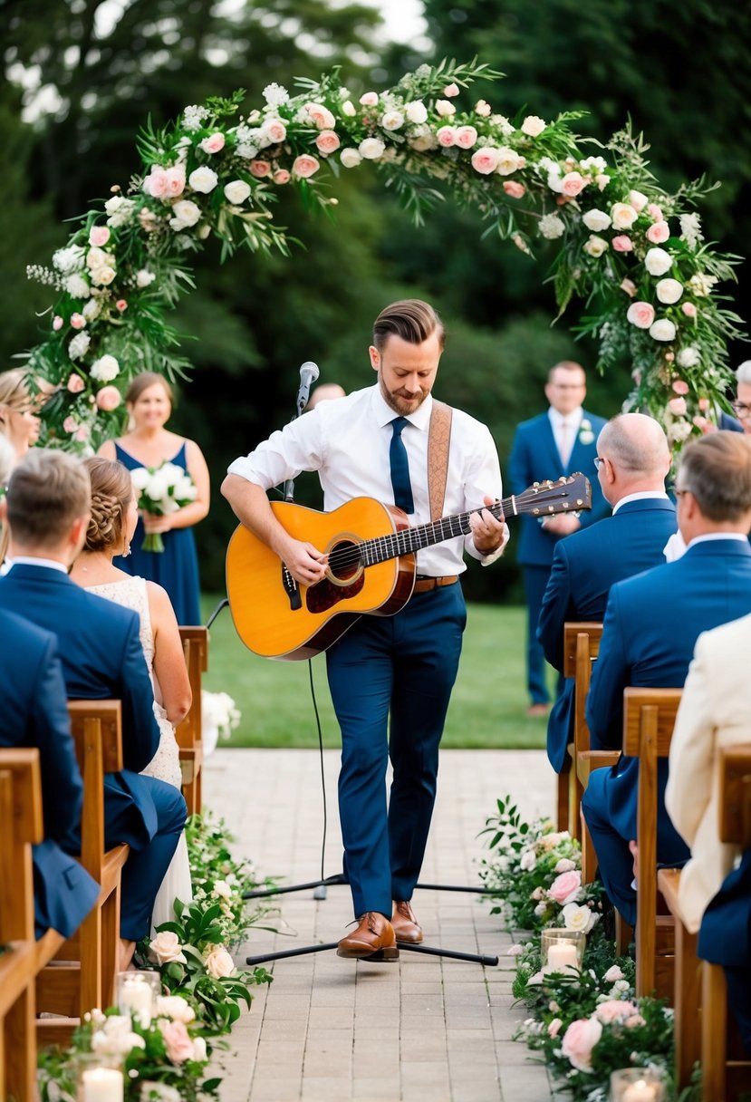 A guitarist performs under a floral arch at an outdoor wedding ceremony, surrounded by guests seated on wooden benches