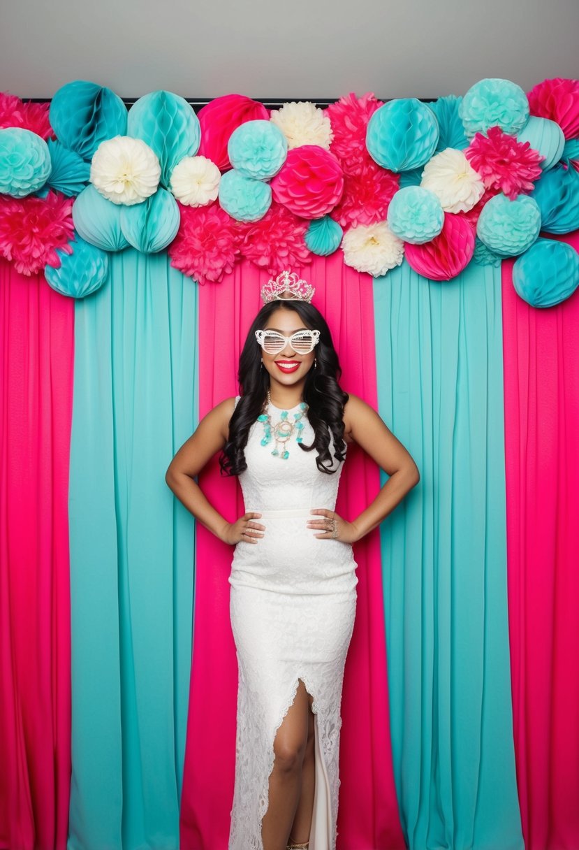 Aqua and hot pink photo booth backdrop with vibrant wedding decor