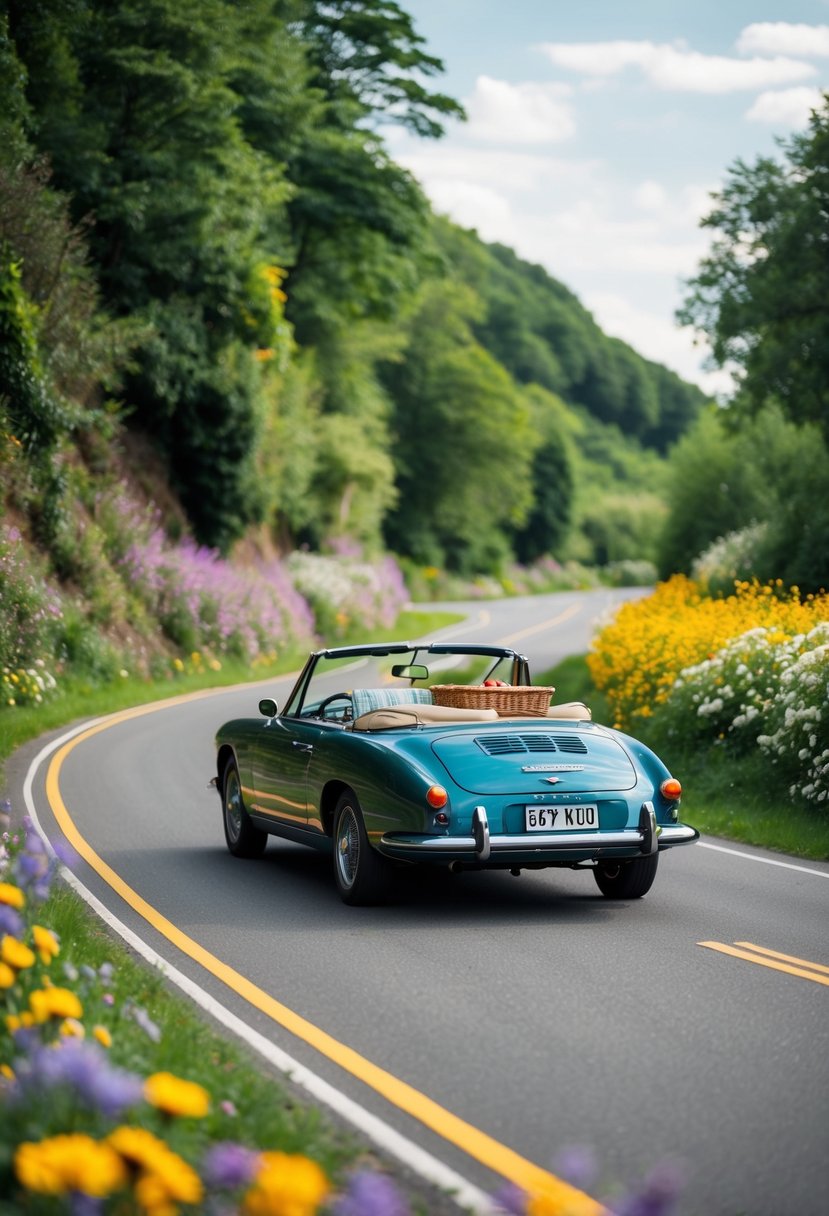 A convertible car drives through a winding road surrounded by lush greenery and colorful flowers, with a picnic basket and blanket in the backseat