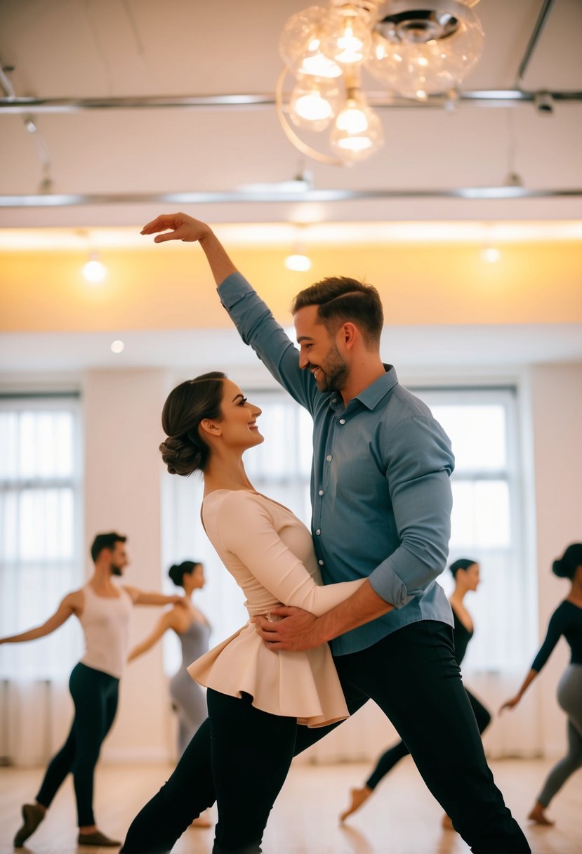 A couple twirls and dips in a dance class, surrounded by soft lighting and music, creating a romantic and fun atmosphere