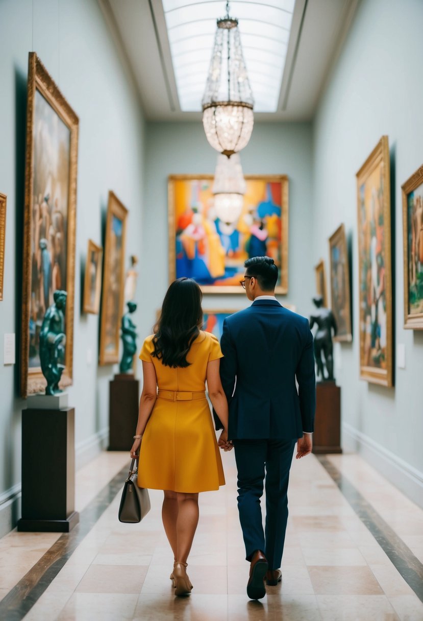 A couple strolling through an art museum, admiring colorful paintings and sculptures, surrounded by a peaceful and elegant atmosphere