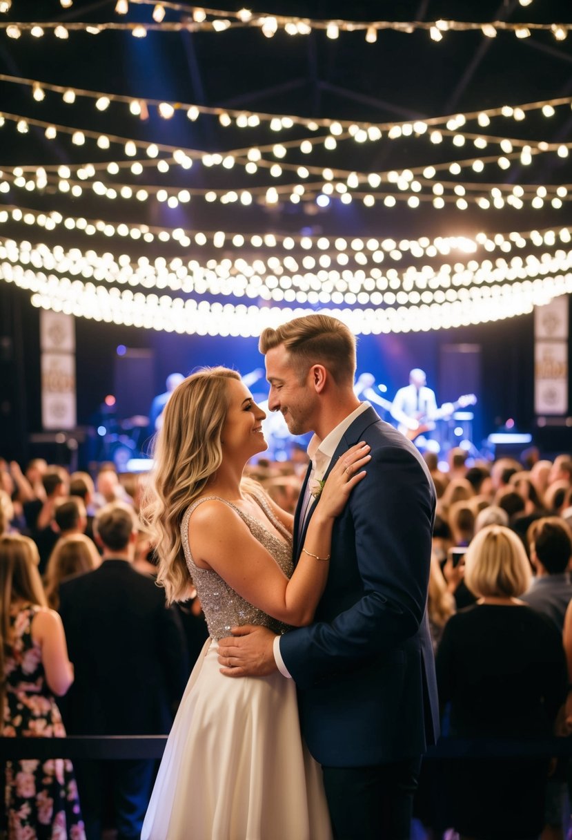 A couple sways under twinkling lights, surrounded by a crowd, as a band performs on stage