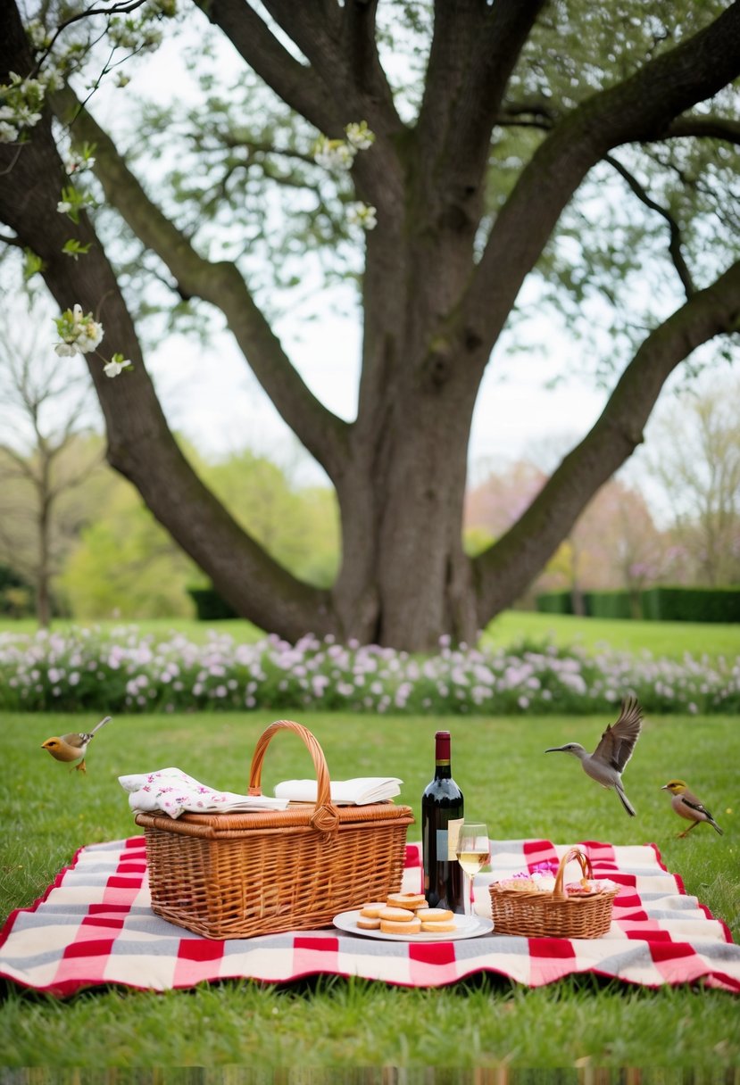 A cozy picnic blanket spread under a large oak tree, surrounded by blooming flowers and chirping birds. A wicker basket filled with delicious treats and a bottle of wine set the scene for a romantic date