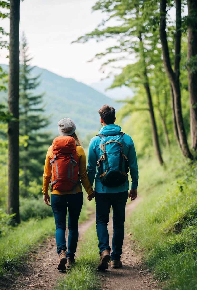 A couple hiking through a lush forest, holding hands and admiring the scenic views of the trail