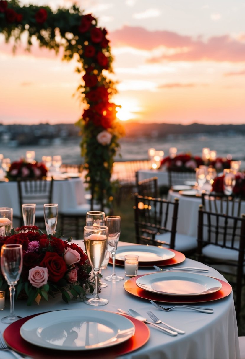 A romantic sunset wedding with red and pink floral decor, soft lighting, and elegant table settings