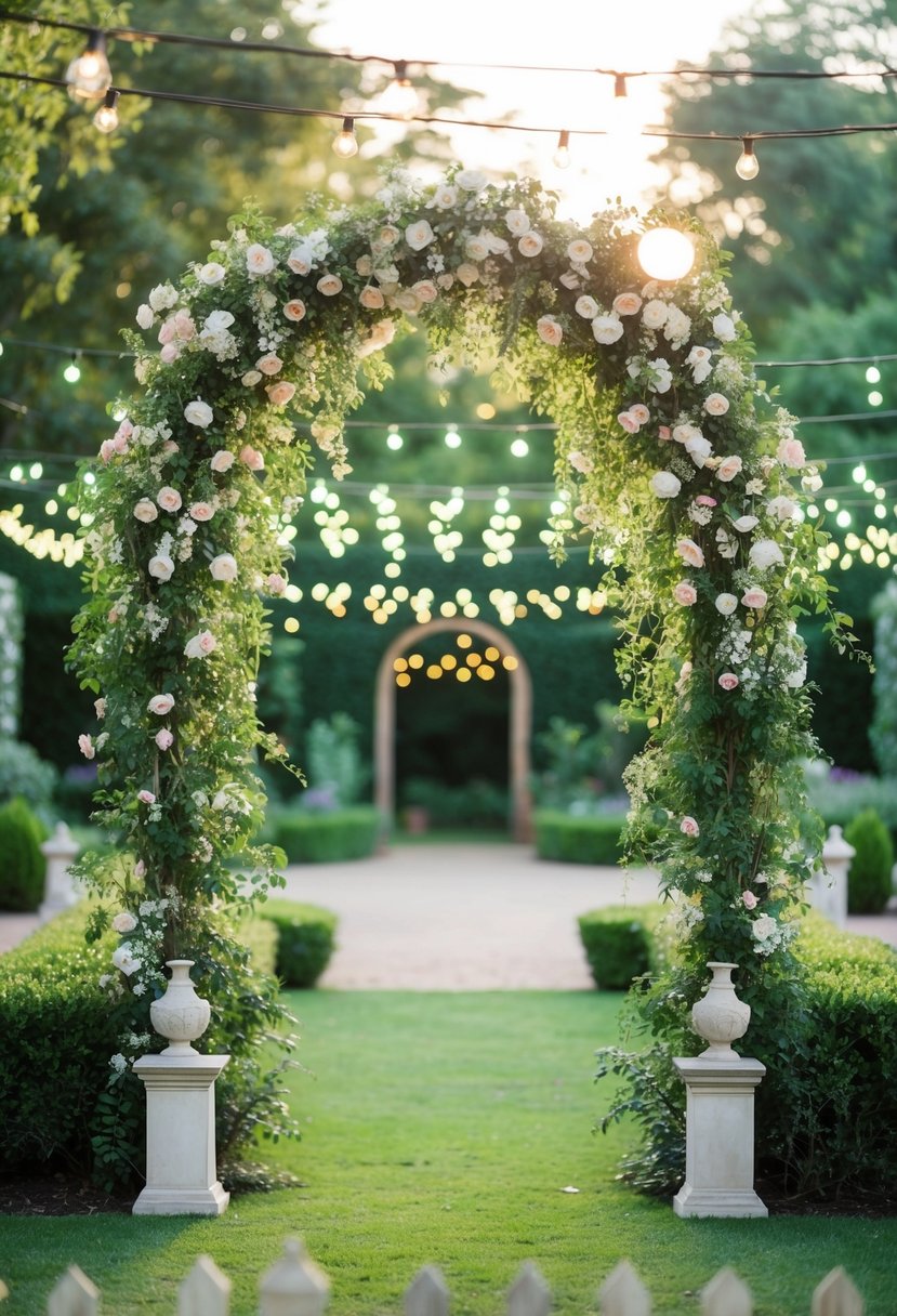 A lush garden with a cascading floral archway and twinkling string lights