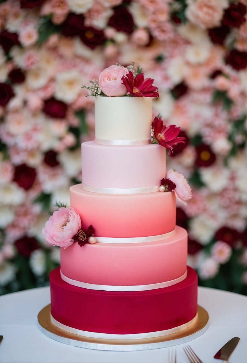 A three-tiered ombre cake transitions from soft pink to deep red, adorned with delicate pink and red flowers, set against a romantic wedding backdrop