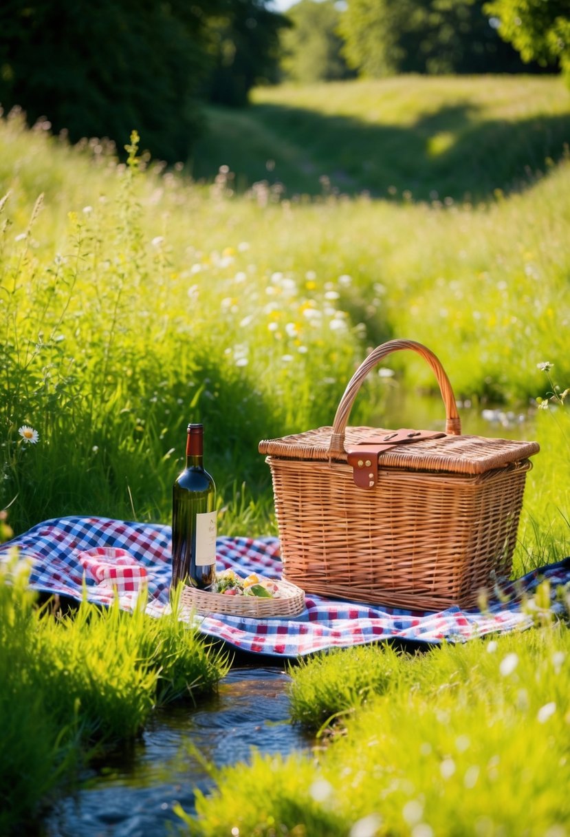 A picnic in a lush, sun-dappled meadow with a checkered blanket, a wicker basket, and a bottle of wine chilling in a nearby stream