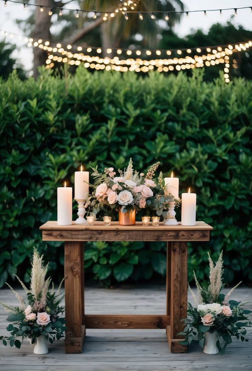 A rustic wooden altar adorned with flowers and candles, set against a backdrop of lush greenery and twinkling fairy lights