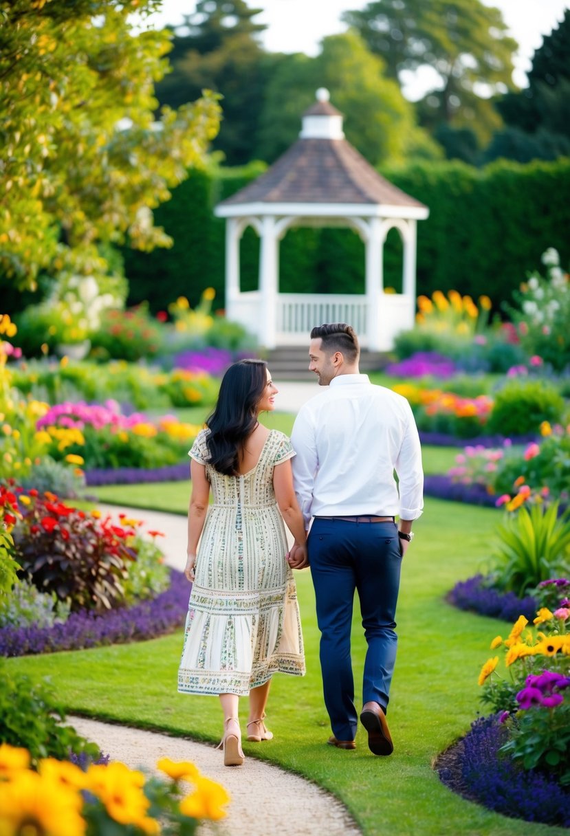 A couple strolling through a lush garden, surrounded by colorful flowers and winding paths, with a charming gazebo in the distance