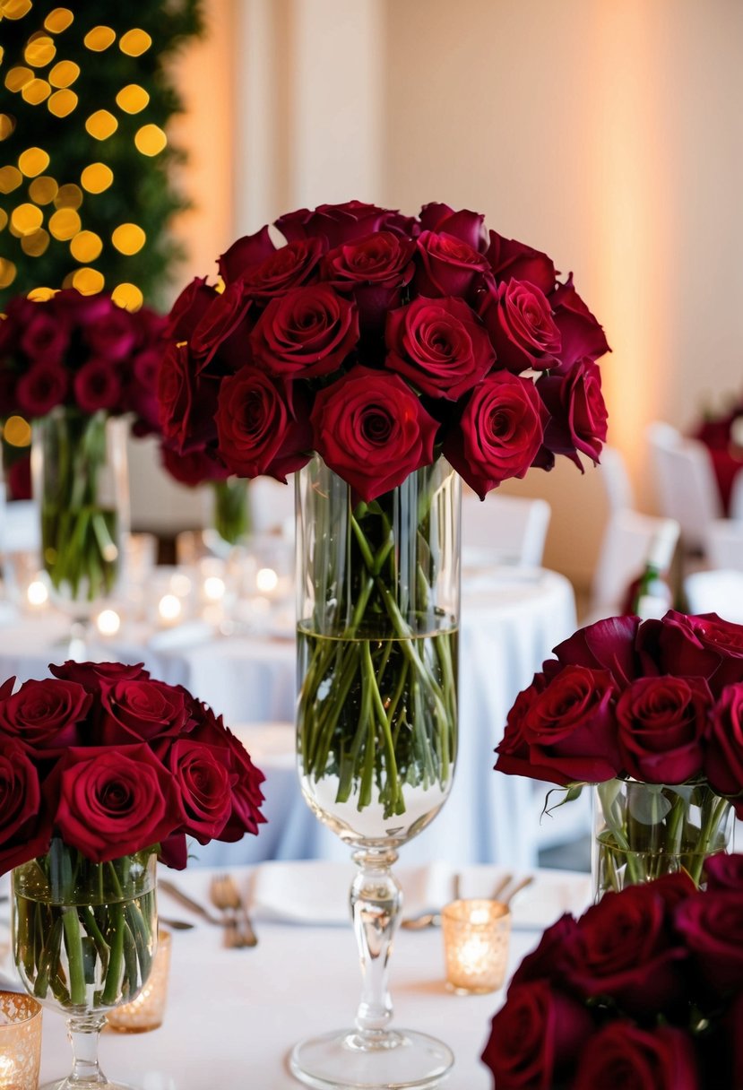 Deep red roses arranged in tall vases as table centerpieces at a romantic wedding reception