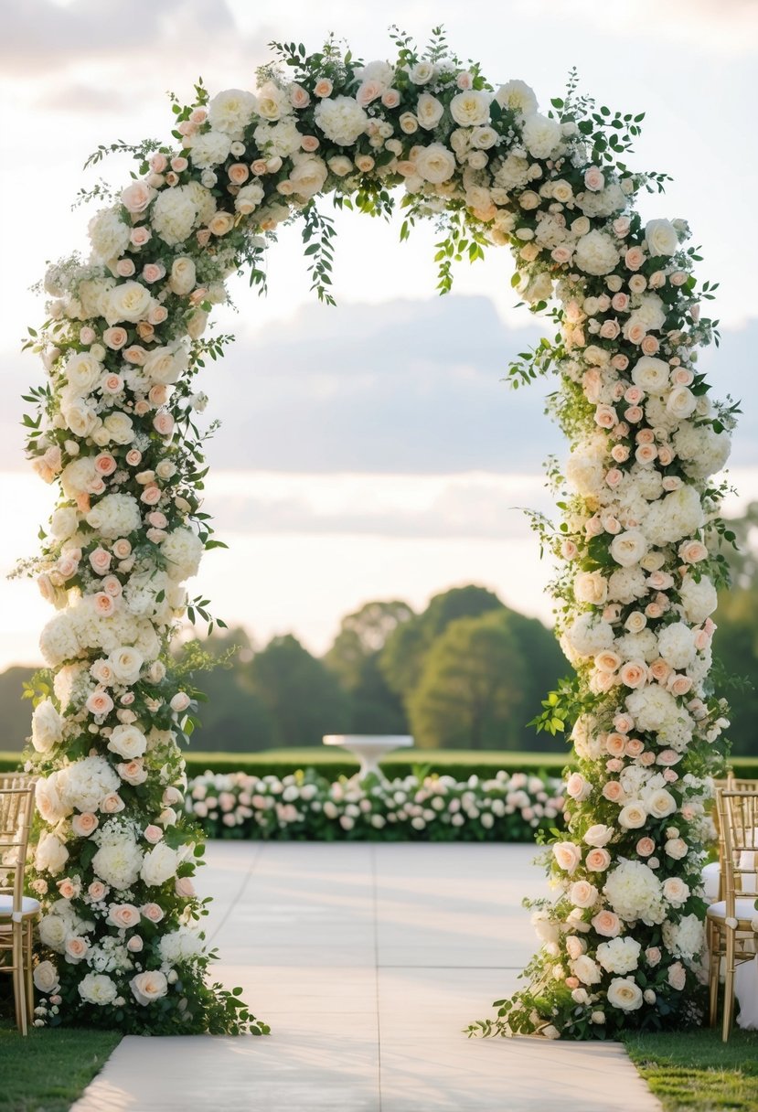 A grand floral archway frames a serene wedding backdrop