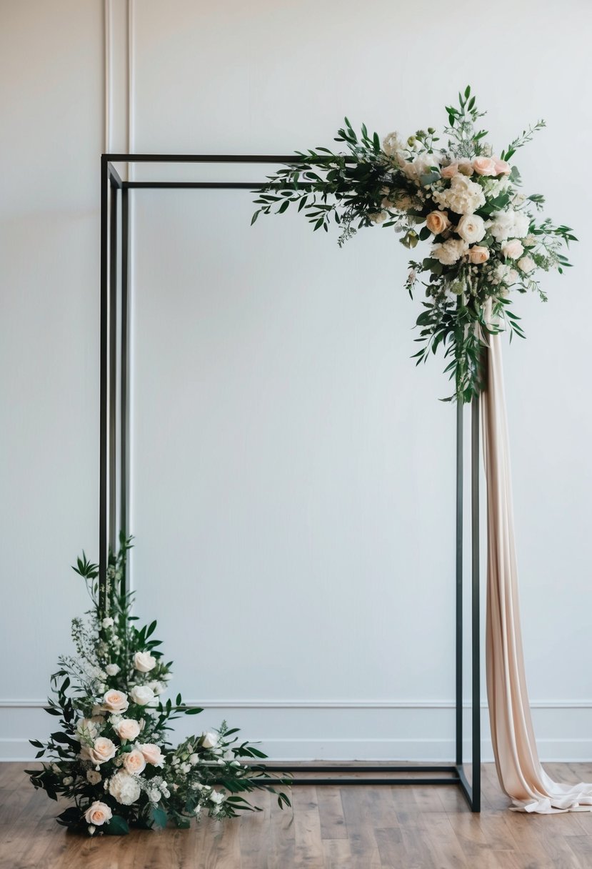 A geometric metal frame stands against a white wall, adorned with flowers and draped fabric, serving as a wedding backdrop