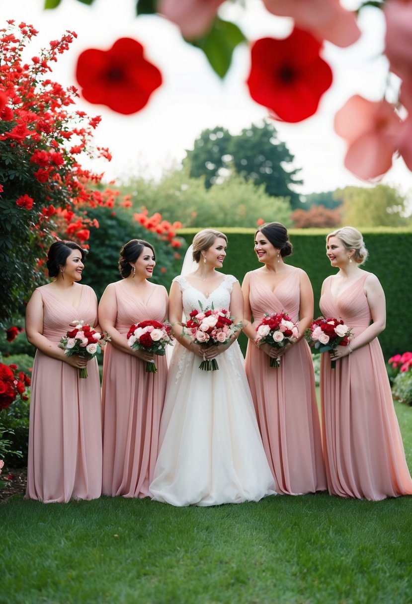 Blush pink bridesmaid dresses in a garden with red and pink flowers, creating a beautiful wedding color palette