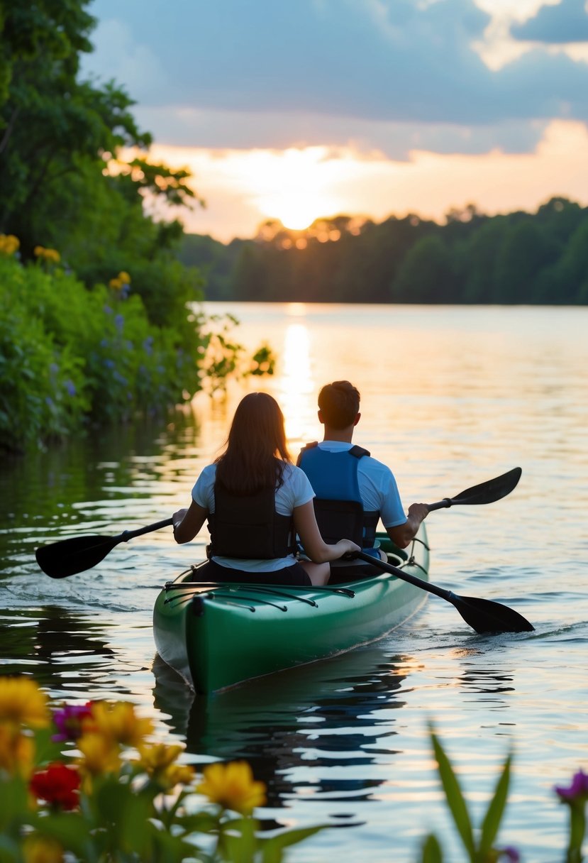 A couple paddles through calm waters surrounded by lush greenery and colorful flowers, with the sun setting in the background