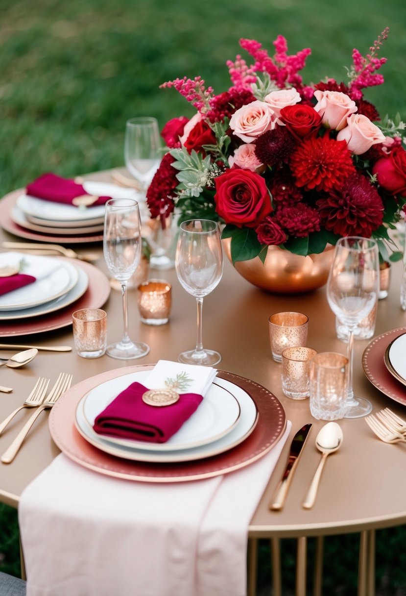 A table set with rose gold accents, adorned with red and pink flowers, creating a beautiful wedding color scheme