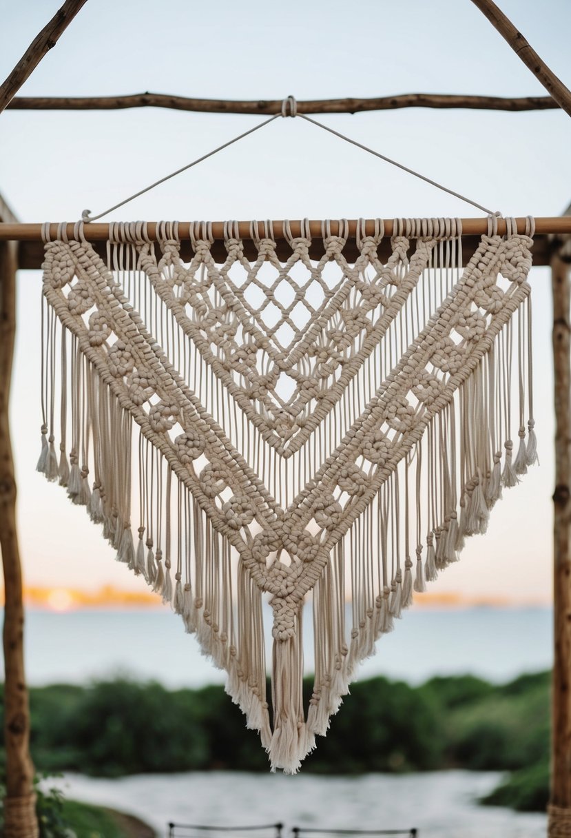 A large bohemian macramé design hangs as a wedding backdrop, adorned with intricate knots and flowing fringe