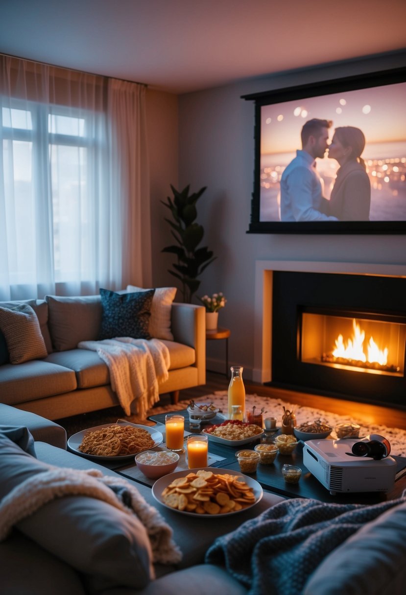 A cozy living room with a glowing fireplace, soft blankets, and a spread of snacks and drinks. A projector displays a romantic movie marathon on the wall