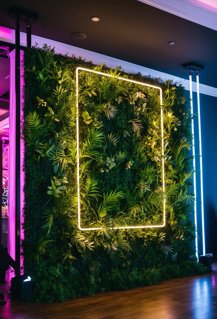 A lush greenery wall adorned with vibrant neon lights, creating a stunning and modern backdrop for a wedding celebration