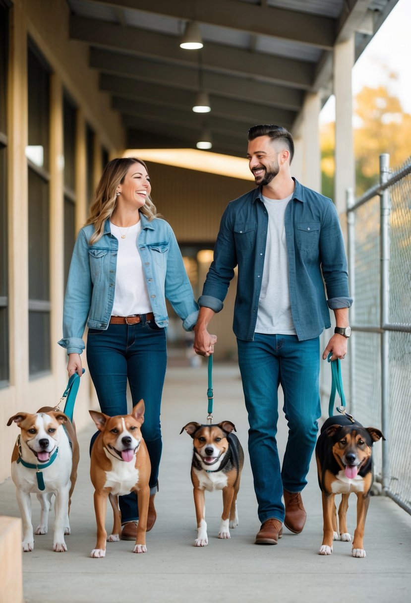 A couple walks dogs together at an animal shelter, laughing and enjoying each other's company