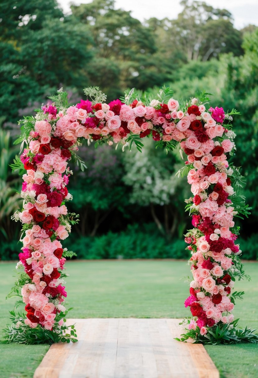 A pink and red floral wedding arch stands against a backdrop of lush greenery, with vibrant blooms creating a beautiful and romantic color palette