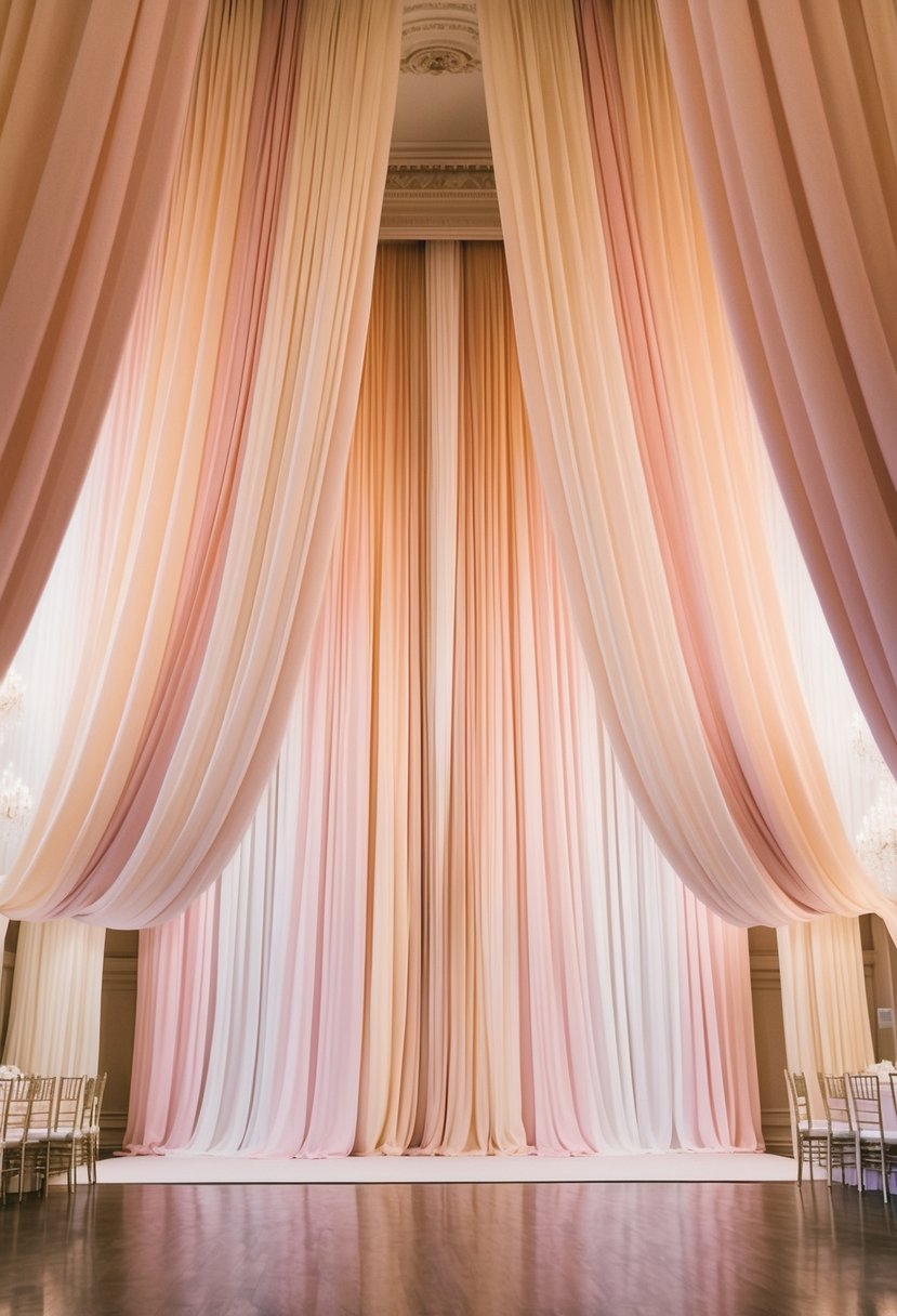 A grand ballroom with flowing fabric drapes in soft pastel hues cascading from ceiling to floor, creating an elegant and romantic wedding backdrop