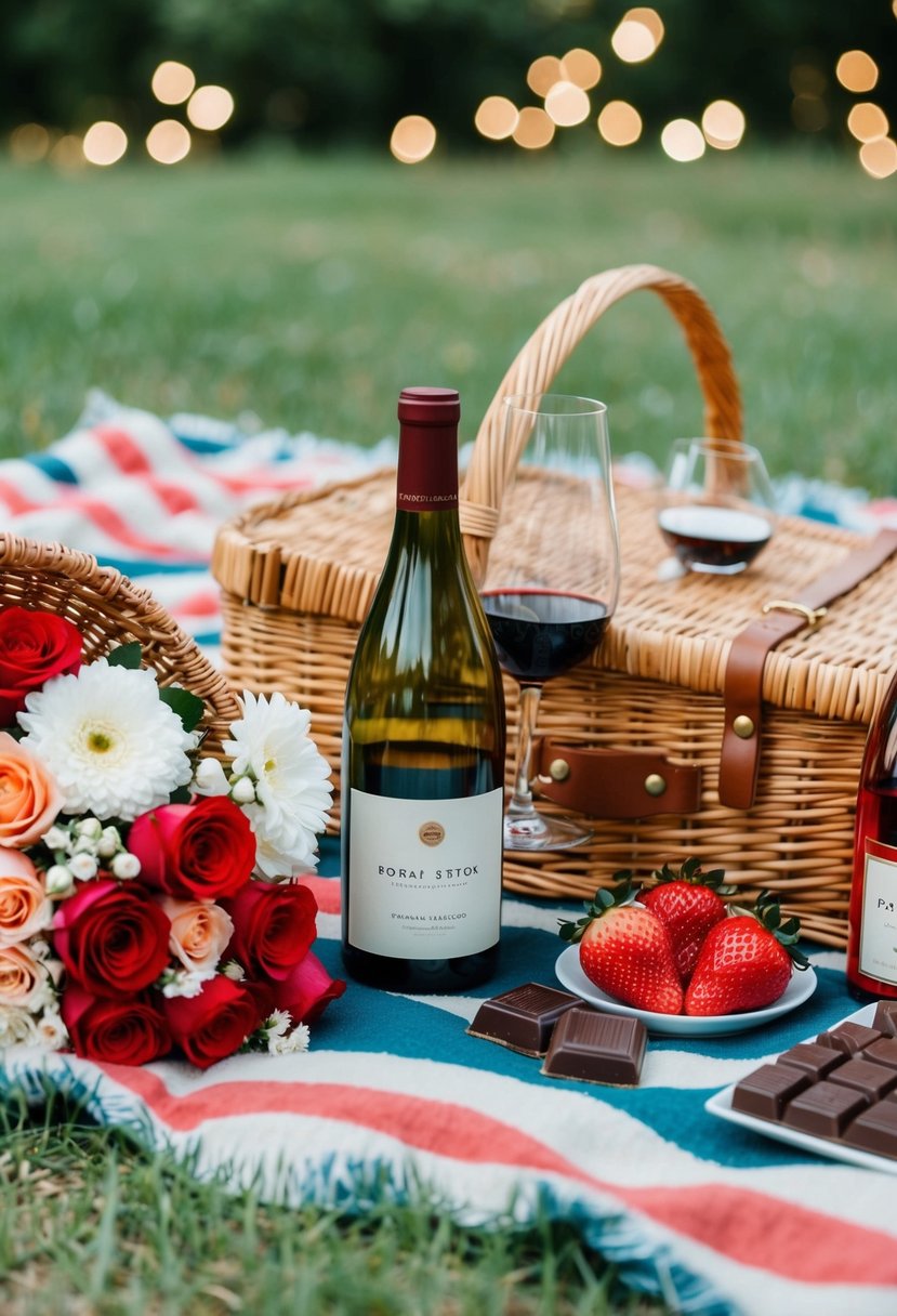 A picnic blanket surrounded by a variety of romantic date items such as a bottle of wine, a bouquet of flowers, and a basket of strawberries and chocolate