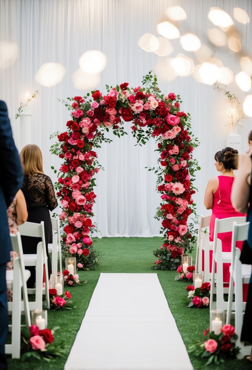 A red and pink floral arch frames a white aisle runner