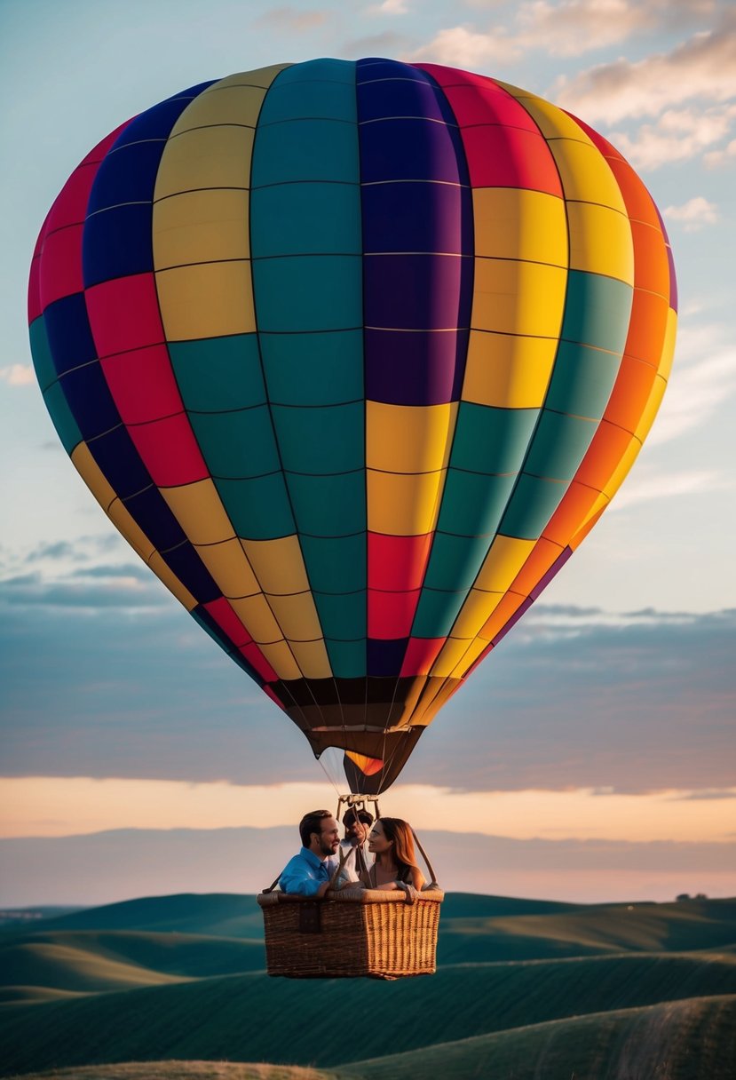 A colorful hot air balloon floats above rolling hills at sunset, with a couple enjoying a romantic date inside the basket