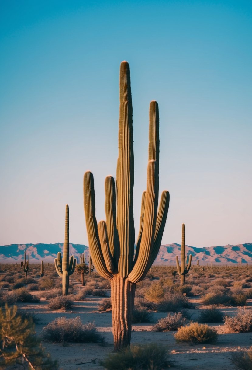 A vast desert landscape with towering cacti under a clear blue sky